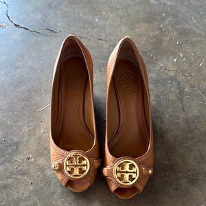 Tory Burch Tan Peep-Toe Heels with Gold Accent